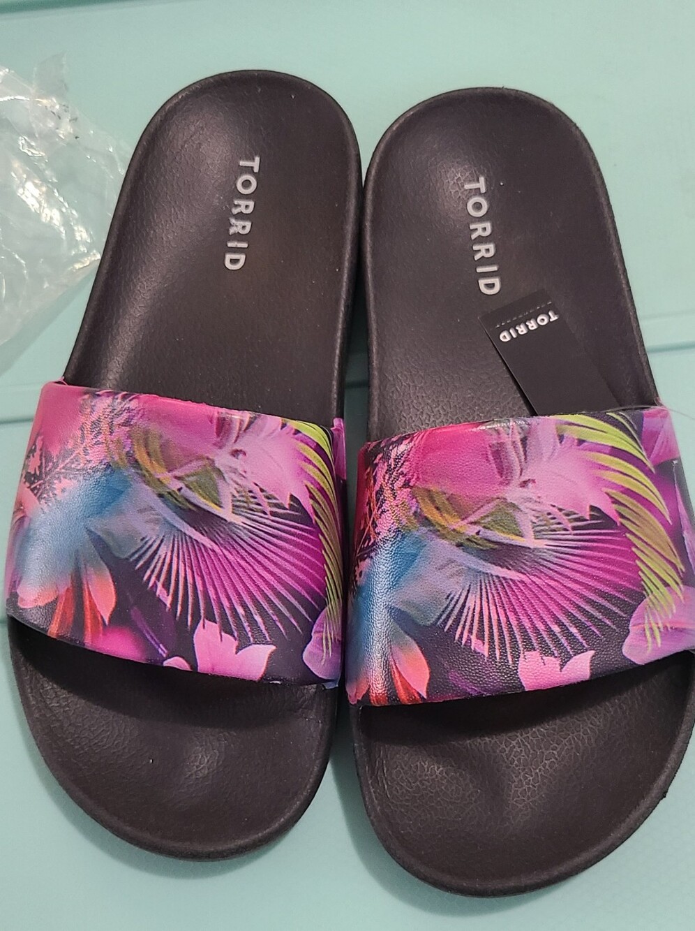 torrid Black Slide Sandals with Pink Tropical Print Strap